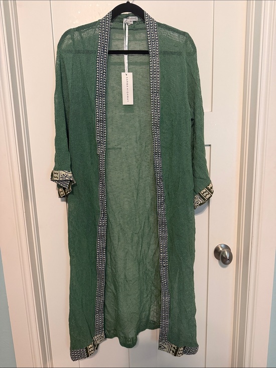 Karma Highway Other - Karma Highway Loose Knit Green Open-Front Swim Coverup Kimono with Printed Trim